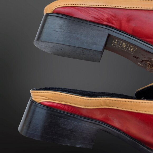 Vintage Simard Red Slip On Loafers Mules Size 38 US 7.5 Leather Square Toe Italy - Picture 7 of 11